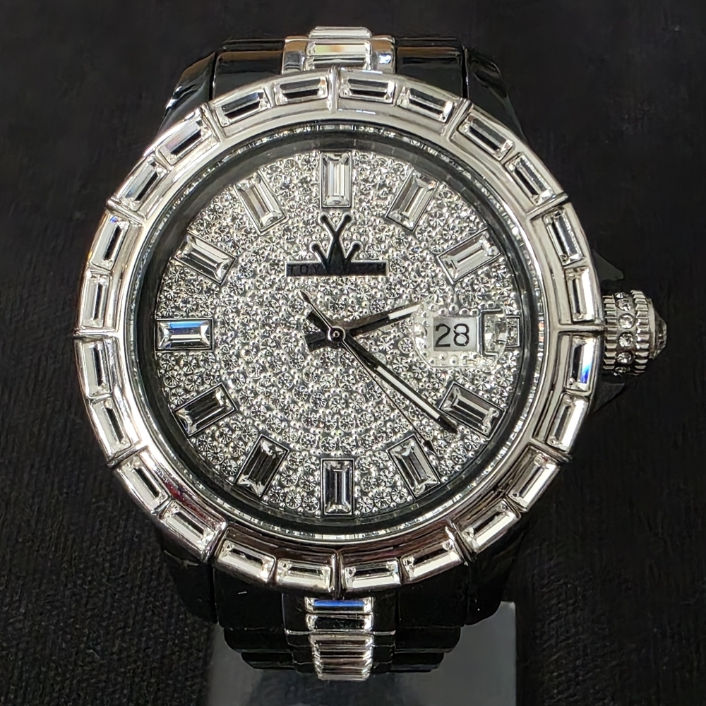 Toy Watch Gems Paved Crystal Dial Bracelet 40mm 5atm Black Silver Toned RUNS